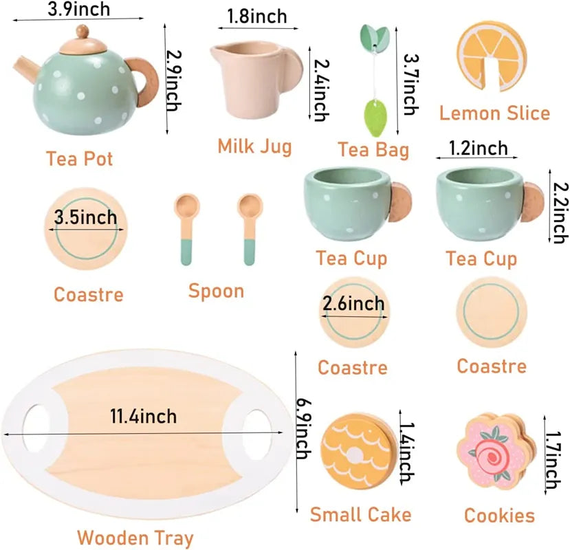Close-up of a child's hand playing with a detailed wooden pretend play tea set toy