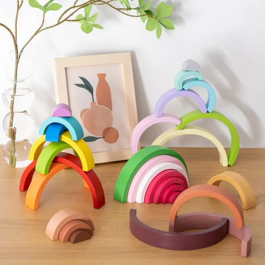 Wooden Rainbow Stacking Play Set for kids, Montessori educational toddler toy to develop fine motor skills