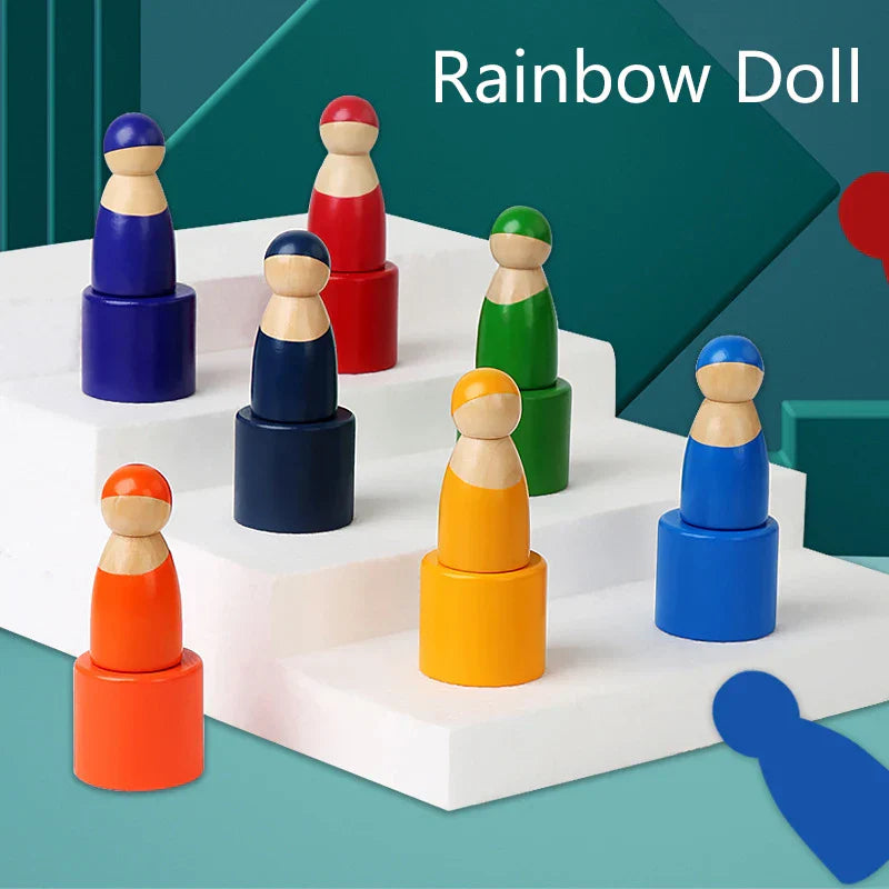 Educational wooden rainbow stacker for preschool learning, vibrant colors, enhances hand-eye coordination.