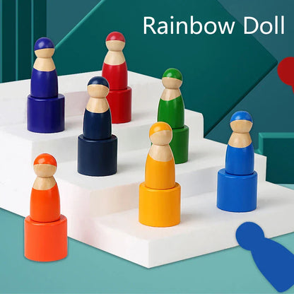 Educational wooden rainbow stacker for preschool learning, vibrant colors, enhances hand-eye coordination.