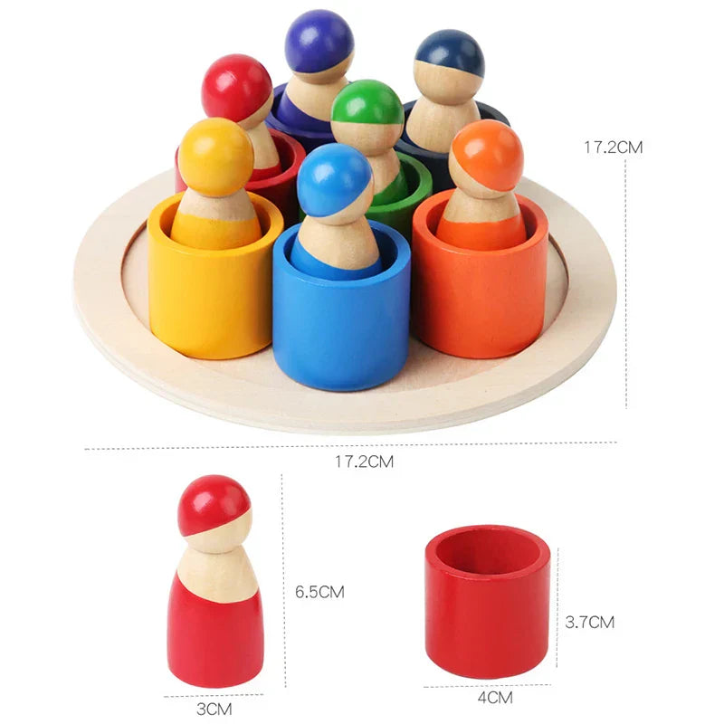 Handcrafted wooden rainbow stacker, educational toy promoting color sorting and shape recognition for kids.