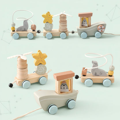Educational wooden sensory toy, various shapes and textures for baby and toddler development.