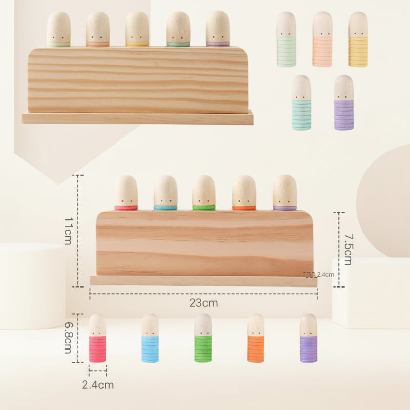 Wooden sensory toy, brightly painted with non-toxic colors, ideal for baby and toddler learning.