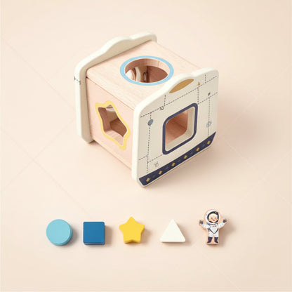 Wooden sensory toy with interlocking parts, designed for baby development and preschool learning.