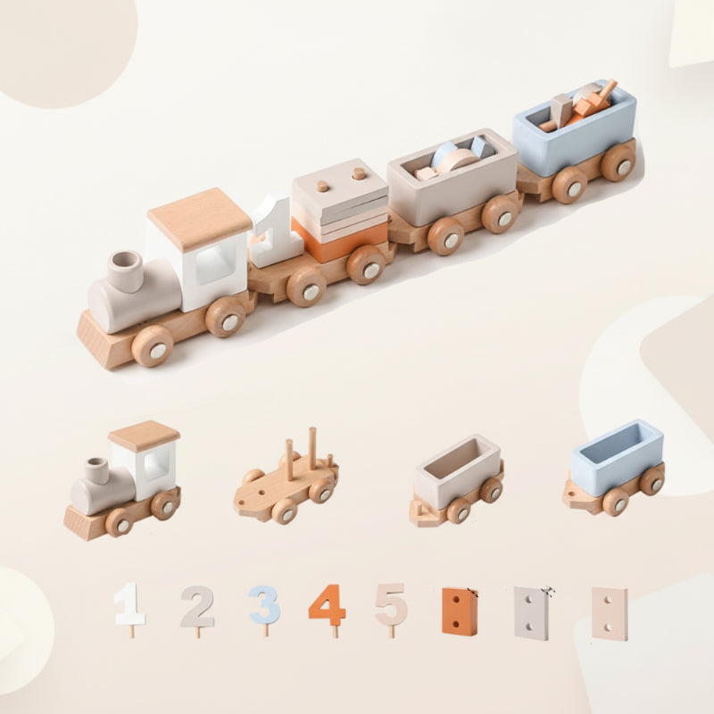 Baby reaching for a wooden sensory toy, engaging in educational play and development.
