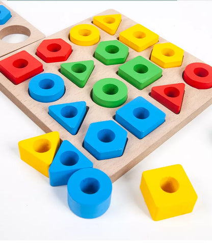 Toddler playing with wooden shape sorter, enhancing hand-eye coordination & learning