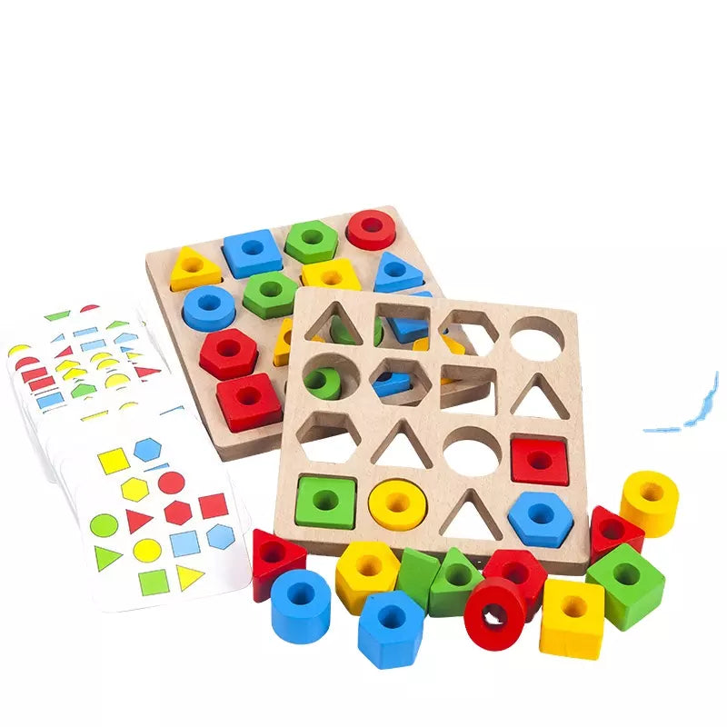 Close-up of wooden multi-shape puzzle pieces, educational & safe gift for kids