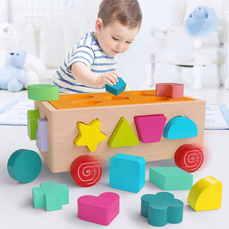 Wooden shape sorting car toy for toddlers and kids, a colorful educational puzzle for preschool learning