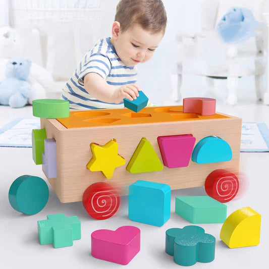Wooden shape sorting car toy for toddlers and kids, a colorful educational puzzle for preschool learning