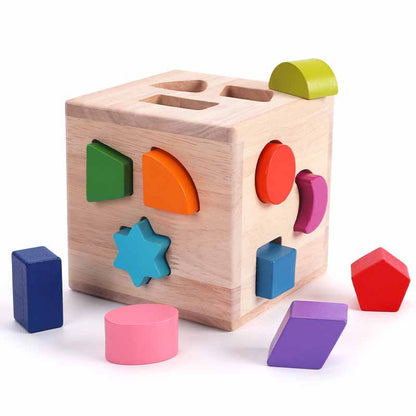 Toddler playing with wooden shape sorter car, developing motor skills and color recognition with educational toy