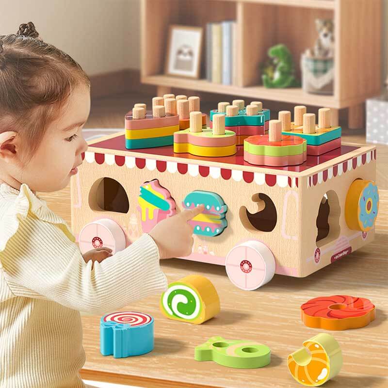 Wooden shape sorting toy car with colorful blocks, an engaging educational toddler toy.
