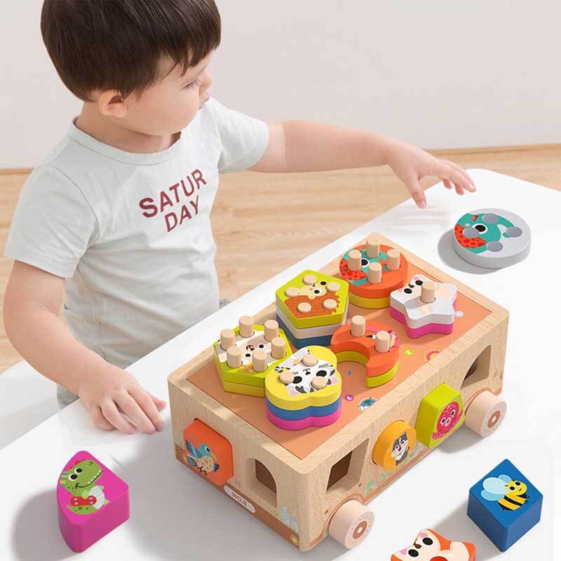 Colorful wooden shape sorting toy car with smooth edges, safe for preschool learning.