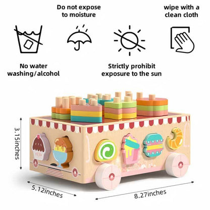 Toddler interacting with a colorful wooden shape sorter toy car, enhancing cognitive skills.
