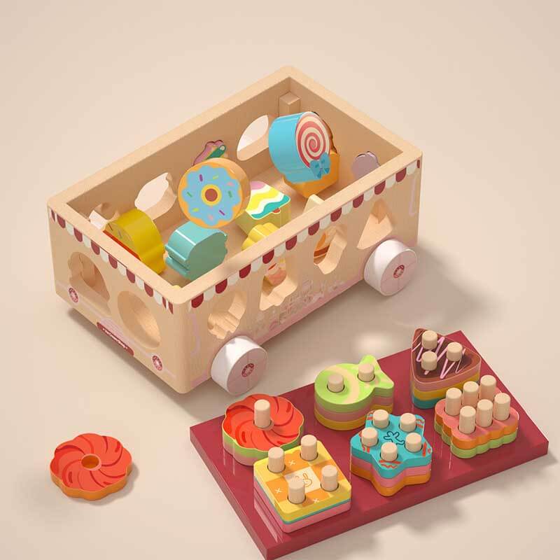 Shape sorting wooden toy car featuring cute animal and ice cream designs for toddlers.
