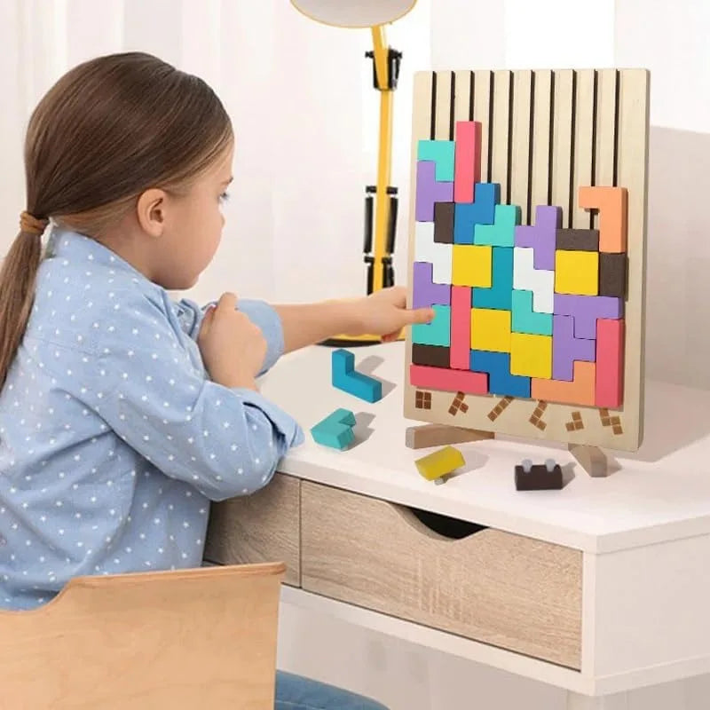 Close-up of wooden stacking blocks tower, classic family game, natural wood finish