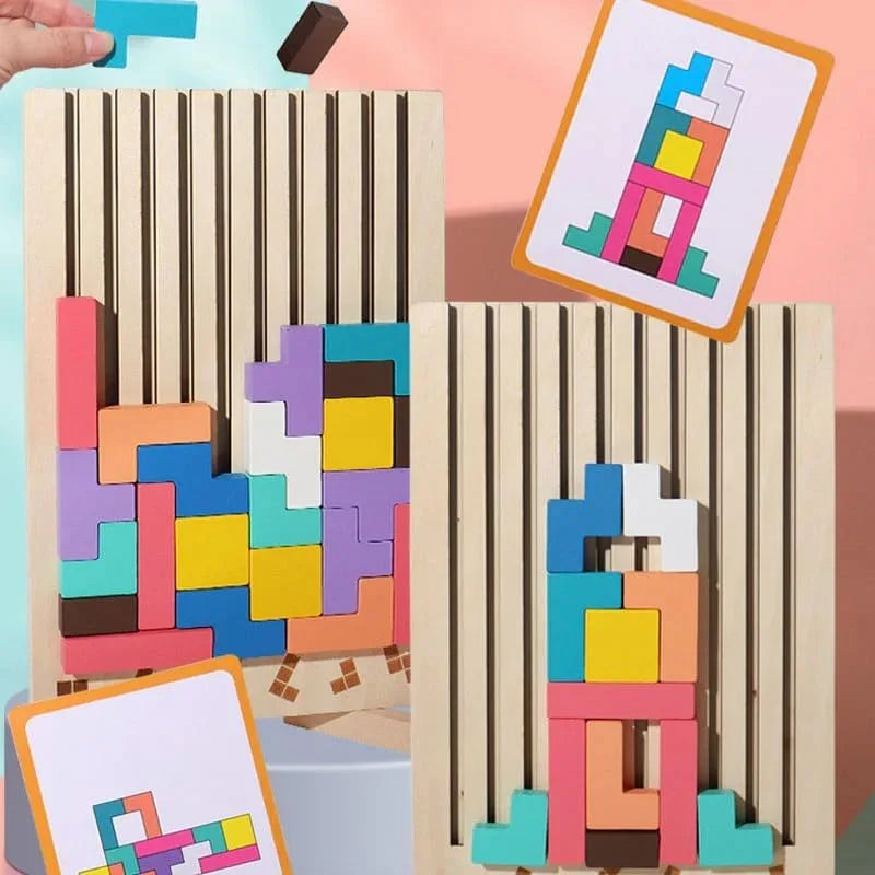 Kids & adults playing with wooden stacking blocks, fun party game, dexterity challenge