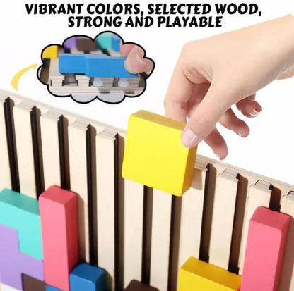 Wooden stacking blocks game in progress, balancing tower, strategic play for all ages