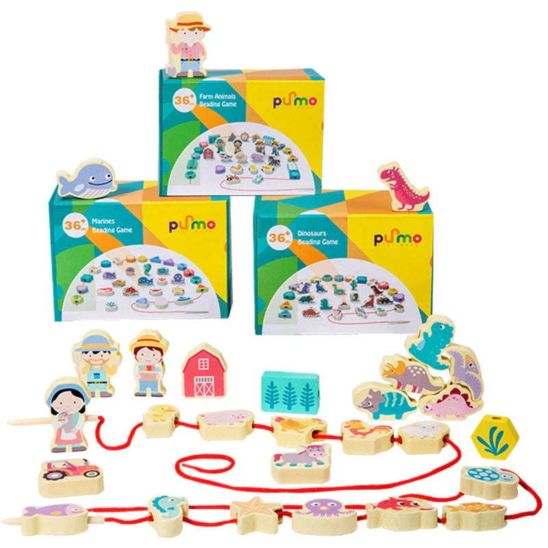 Wooden stacking threading animal toy with colorful dinosaur figures for fine motor skills development