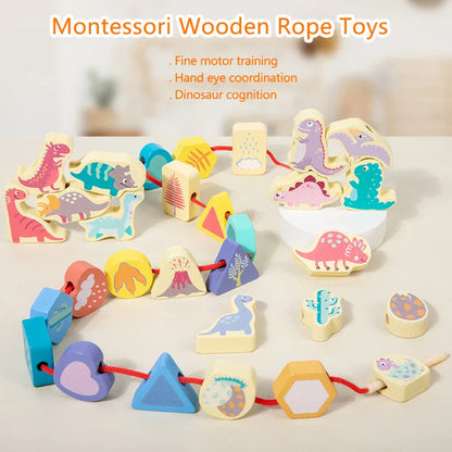 Close-up of a child threading vibrant wooden animal beads, a fun fine motor skills game