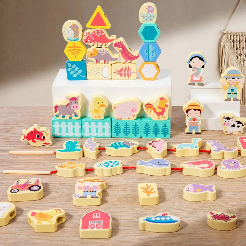 Colorful wooden stacking animals and threading game promoting early learning in toddlers