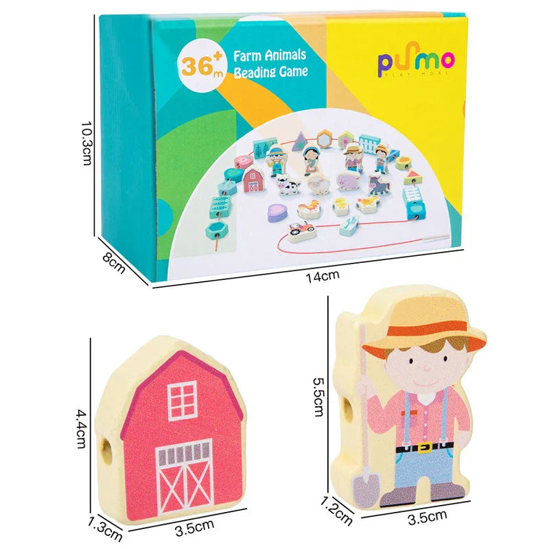 Child's hands engaging with a wooden stacking and threading animal toy, building cognitive skills