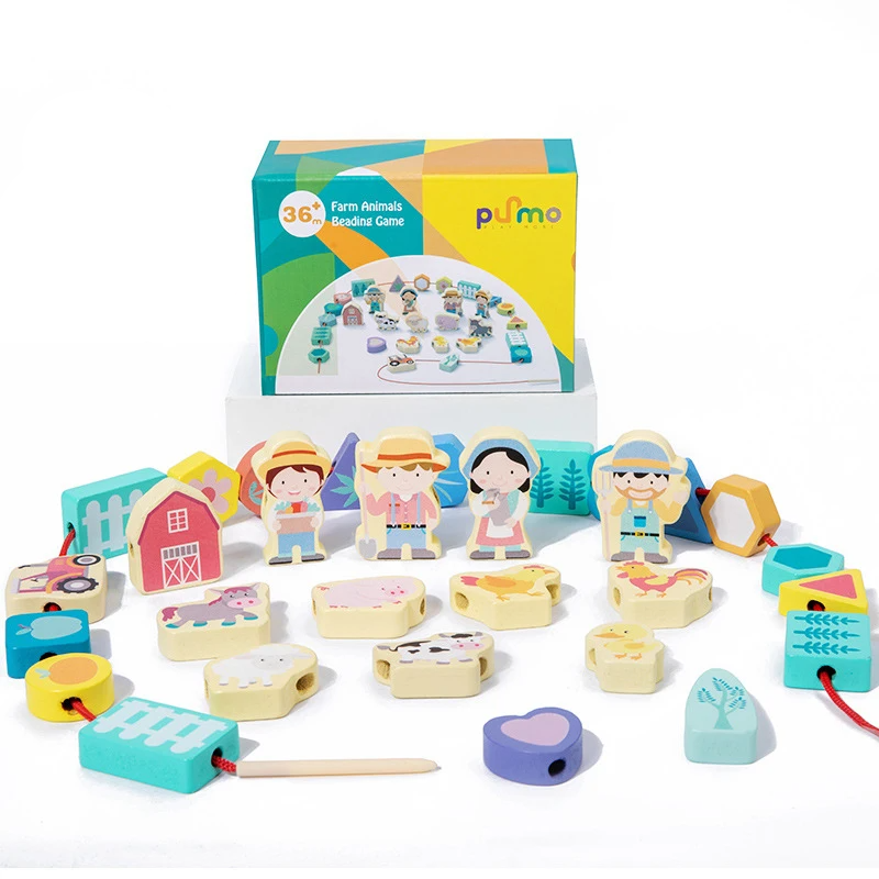 Wooden dinosaur threading and stacking toy, perfect for developing fine motor skills and creative play