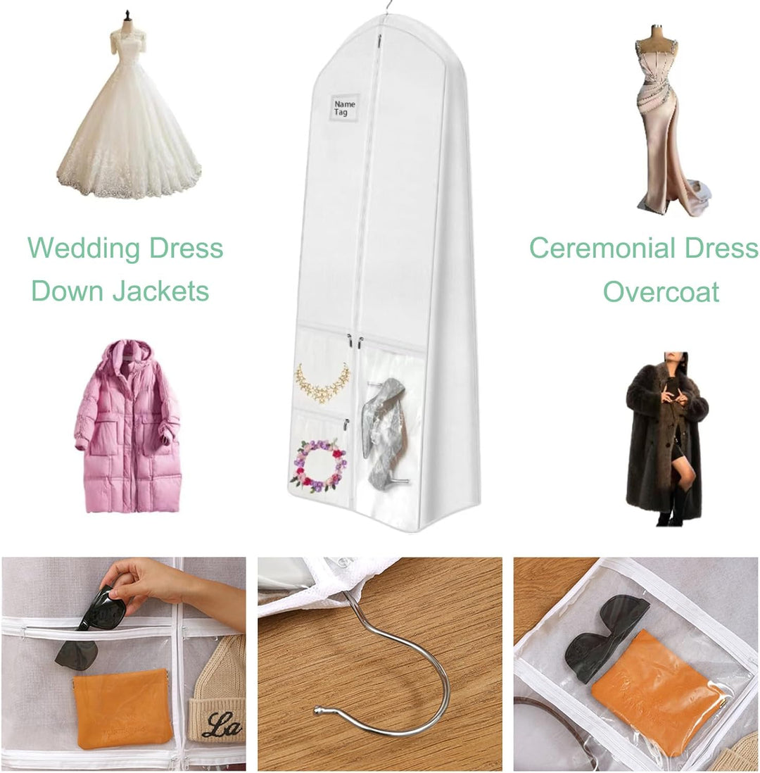 Extra large bridal gown garment bag & accessory organizer for women's wedding dresses & formal wear protection.