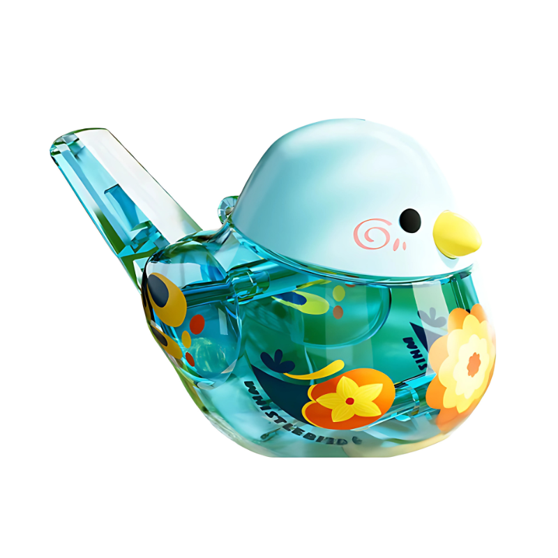 Toddler blowing into a colorful water bird whistle, an interactive musical toy for young children.