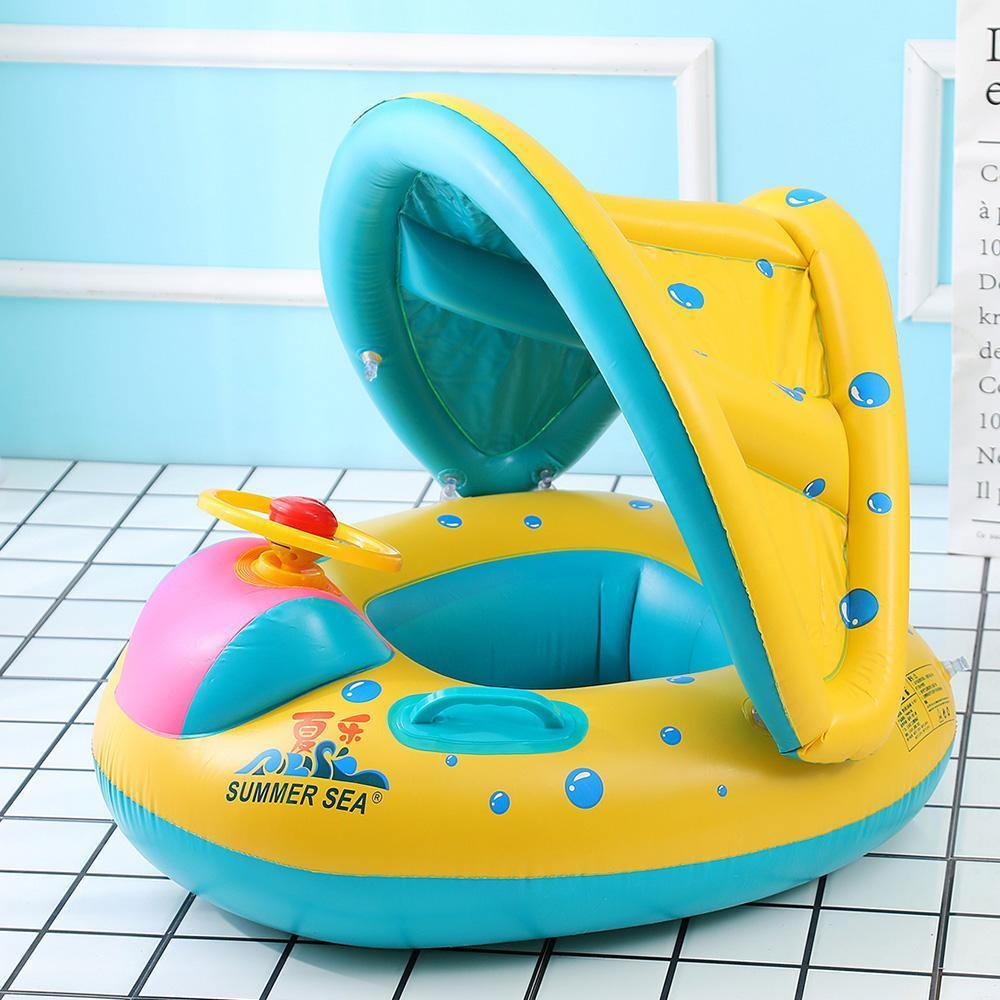 Yellow baby sunshade swimming trainer with steering wheel for infant pool safety and water play
