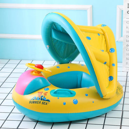 Yellow baby sunshade swimming trainer with steering wheel for infant pool safety and water play