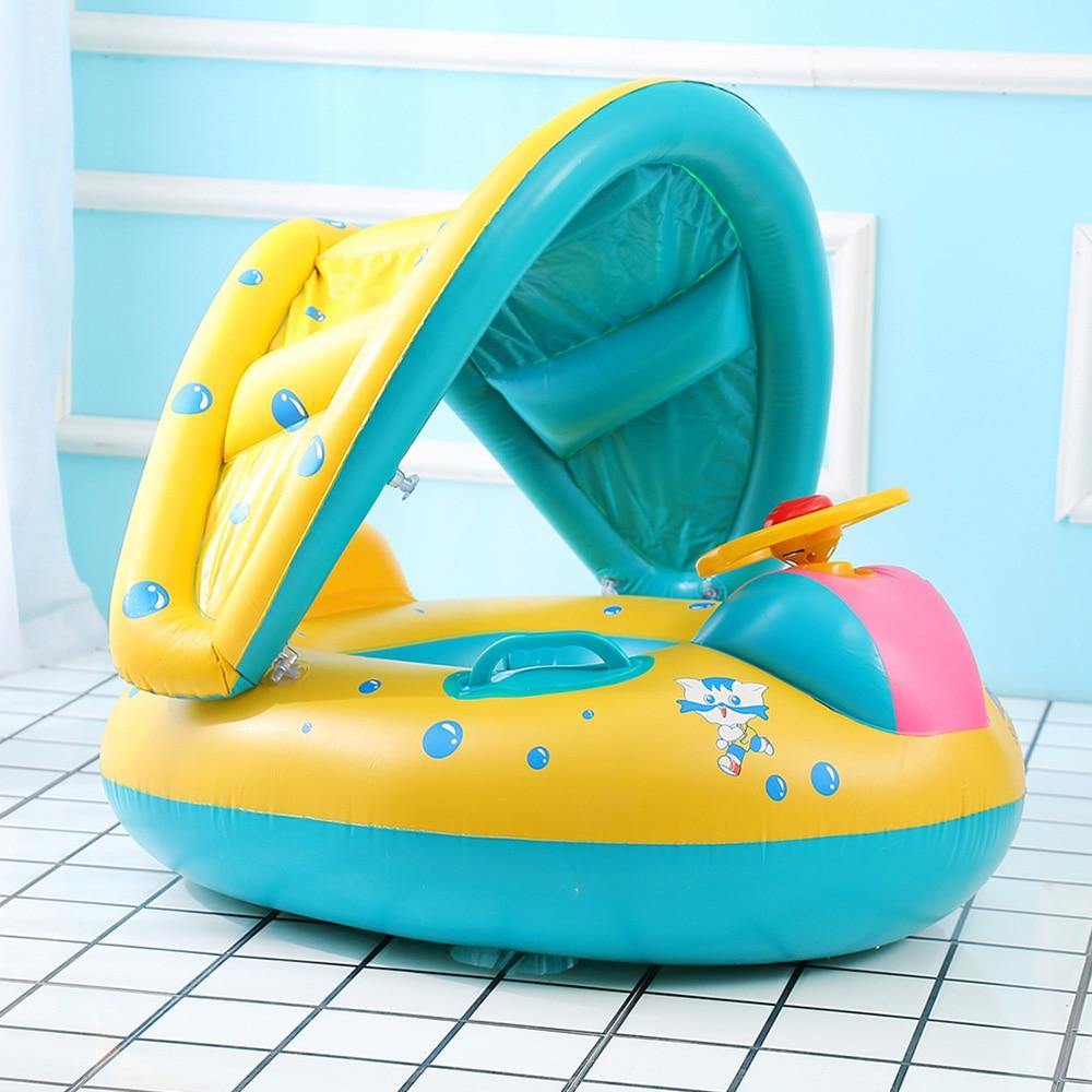 Toddler swimming trainer float with sunshade and interactive steering wheel for summer fun
