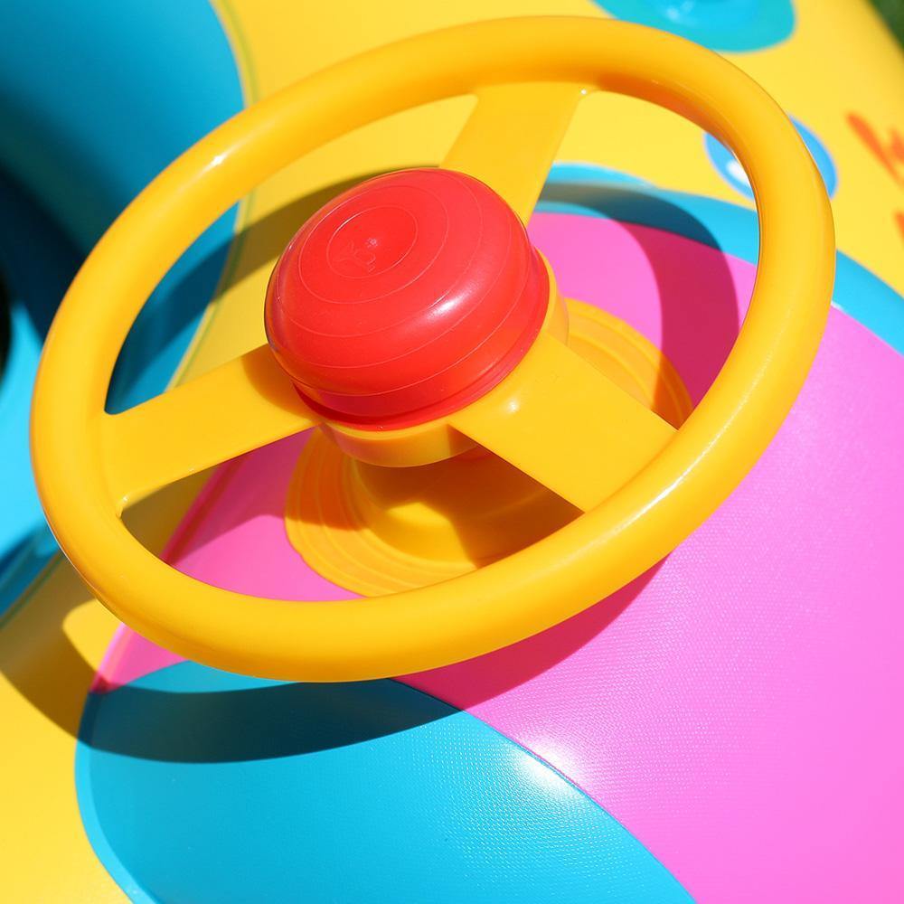 Bright yellow baby swimming trainer with UPF sunshade and steering wheel to protect baby in pool