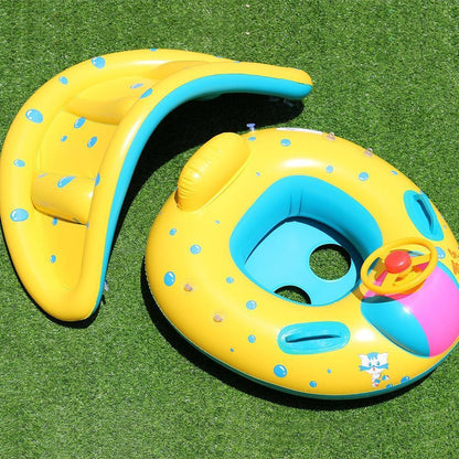 Infant safety float with integrated sunshade and steering wheel, perfect for baby's first swim