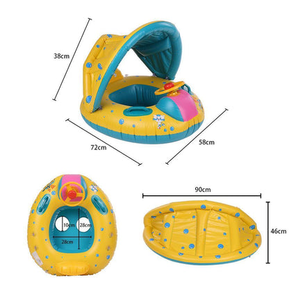 Happy baby in sunshade swimming trainer with steering wheel, enjoying safe summer pool fun