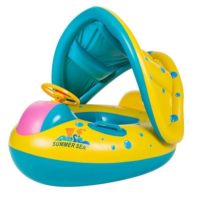 Durable baby swimming trainer with sunshade, leakproof design, and steering wheel for interactive play