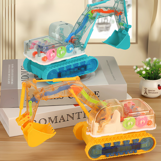 Yellow musical light-up excavator toy for toddlers, showing detailed tracks and shovel, educational play.