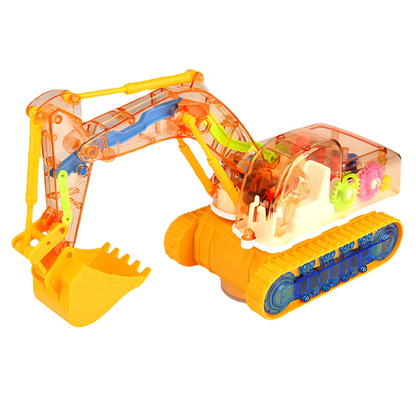 Close-up of a vibrant yellow excavator toy for kids, highlighting its musical features and engaging design.