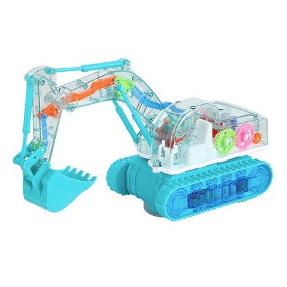 Toddler playing with a blue musical light-up excavator toy, perfect gift for party or educational fun.