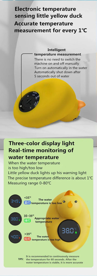 Smiling yellow duck baby bath thermometer, floating device with digital temperature sensor, baby care