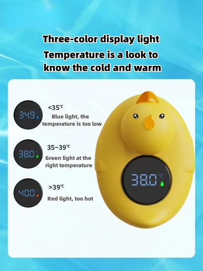 Baby duck floating bath thermometer glowing in a warm bathtub, ensuring optimal baby bathing temperature