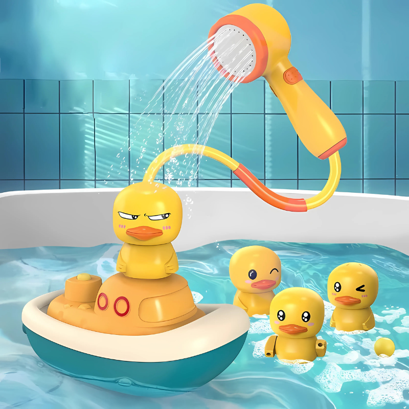 Yellow rubber duck bath toy for kids with a fun, detachable shower sprayer for water play.