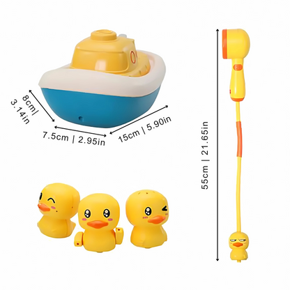 Toddler holding a floating duck bath toy, engaging in sensory water fun and developing motor skills.