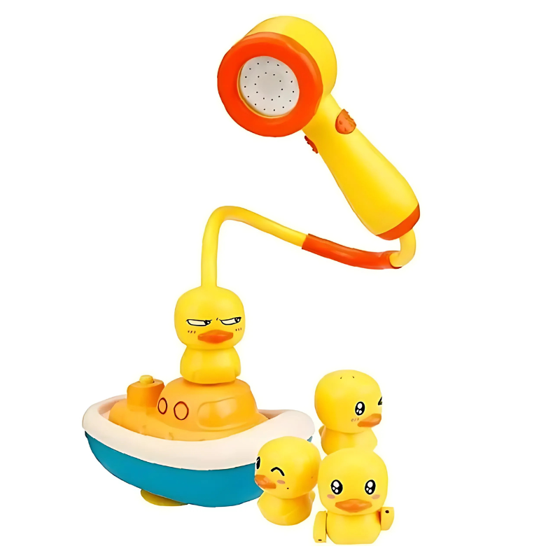 Educational kids' bath toy: a yellow duck with a shower sprayer, promoting playful learning during bath time.