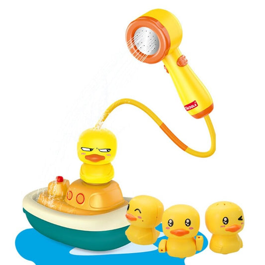 Yellow rubber duck bath toy for toddlers, floating in water, interactive children's shower fun