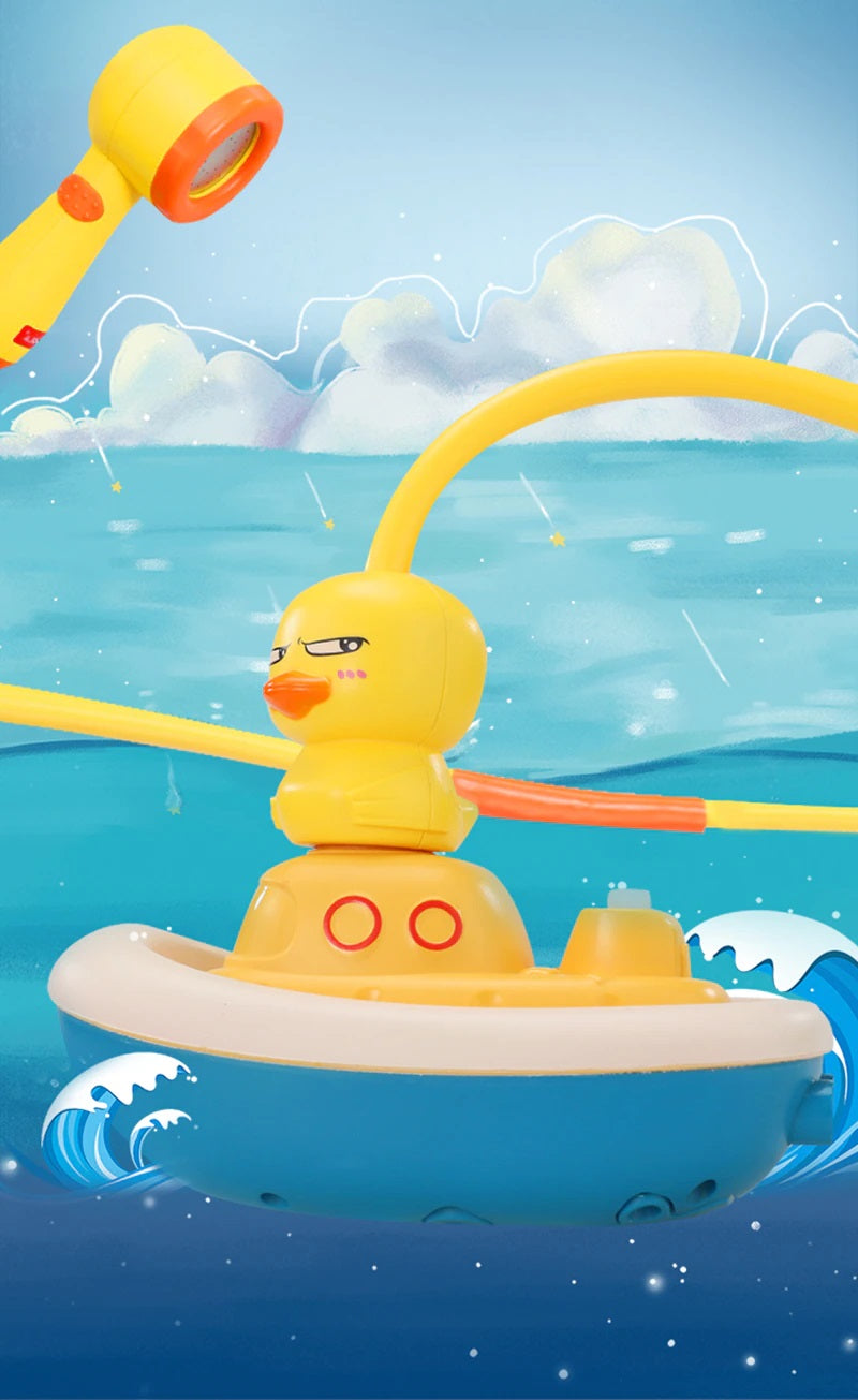 Toddler playing with waterproof duck toy in bathtub, sensory water play and kids shower activity