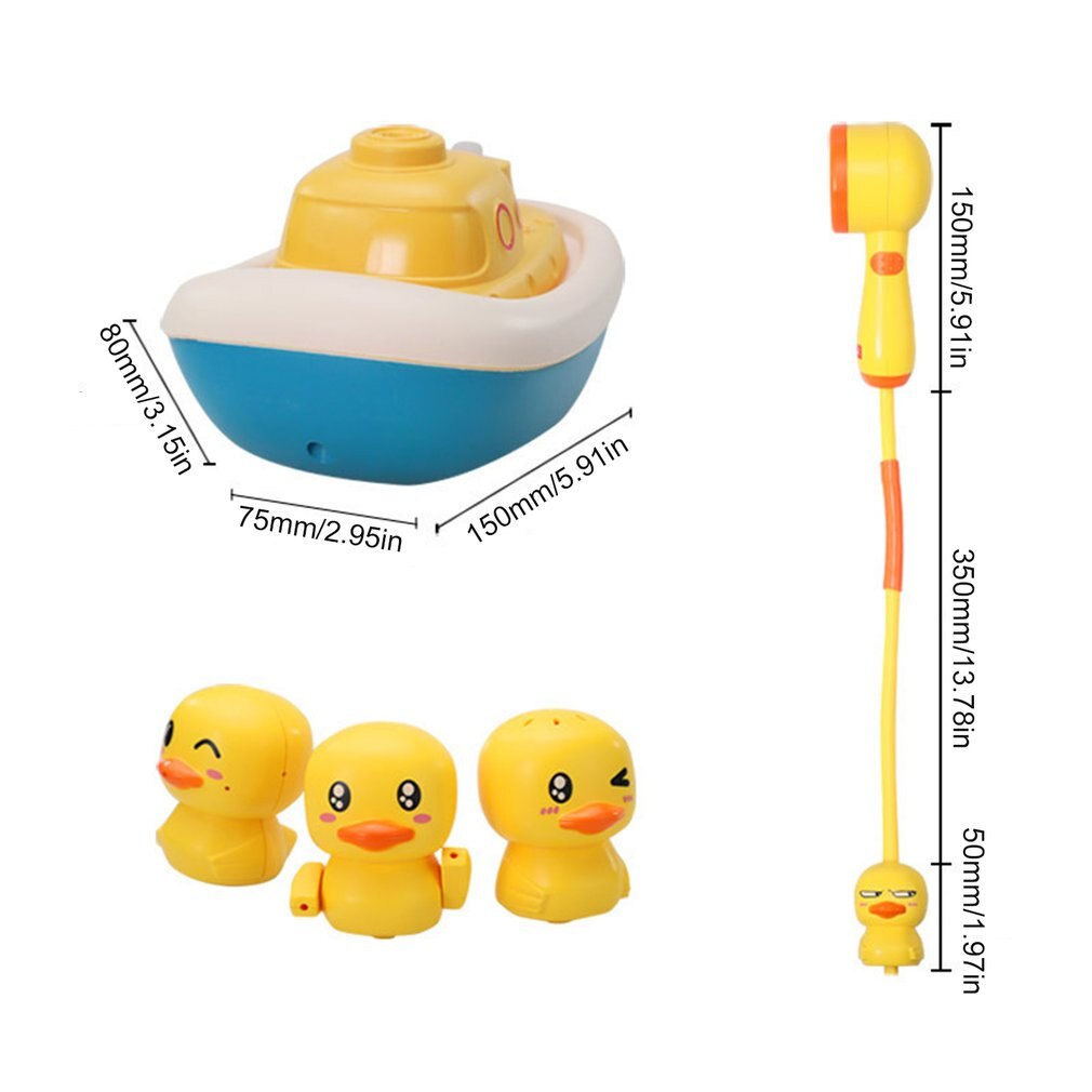 Close-up of interactive children's duck bath toy, perfect for engaging water play and fun showers