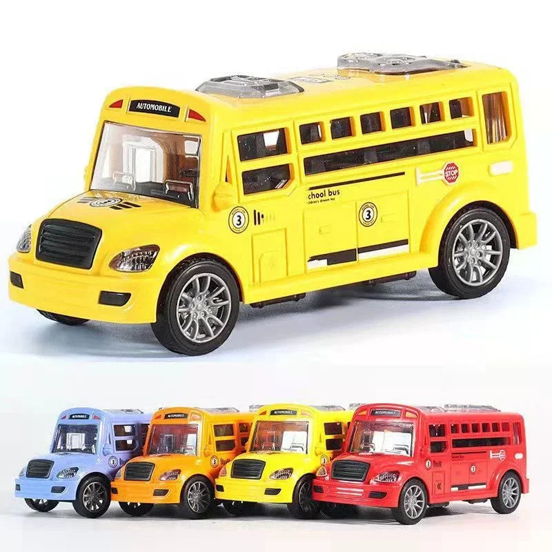 Yellow school bus toy car for kids, enhancing motor skills and creative play, educational plastic toy
