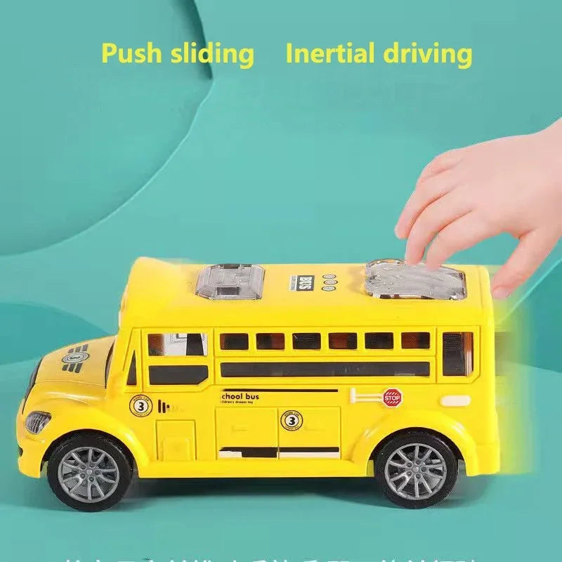 Plastic school bus toy car, ideal for kids' creative play and early childhood motor skill enhancement