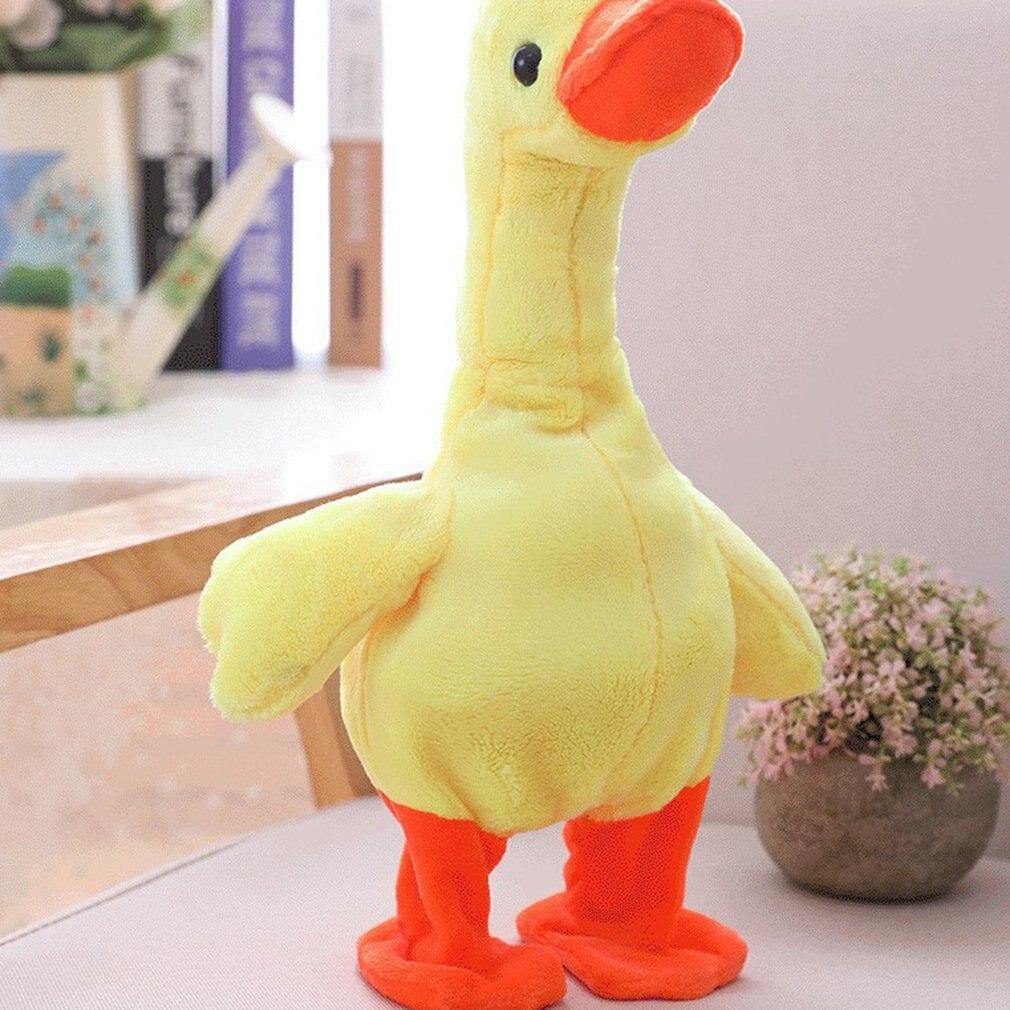 Children playing with soft yellow talking duck educational toy, ideal kids gift