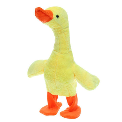 Close-up of yellow animal plush talking duck toy, promoting language skills